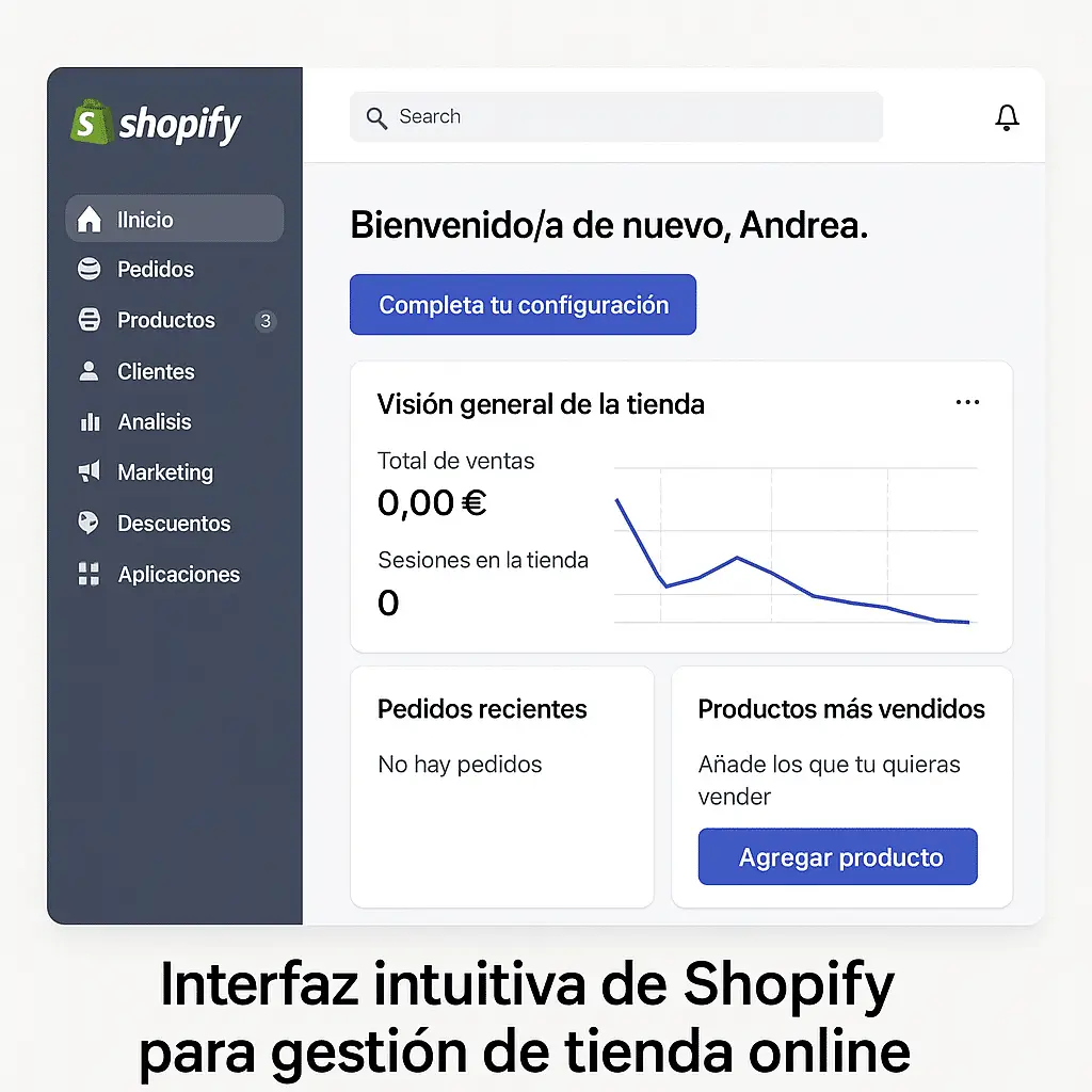 Interfaz intuitiva de Shopify para gestión de tienda online