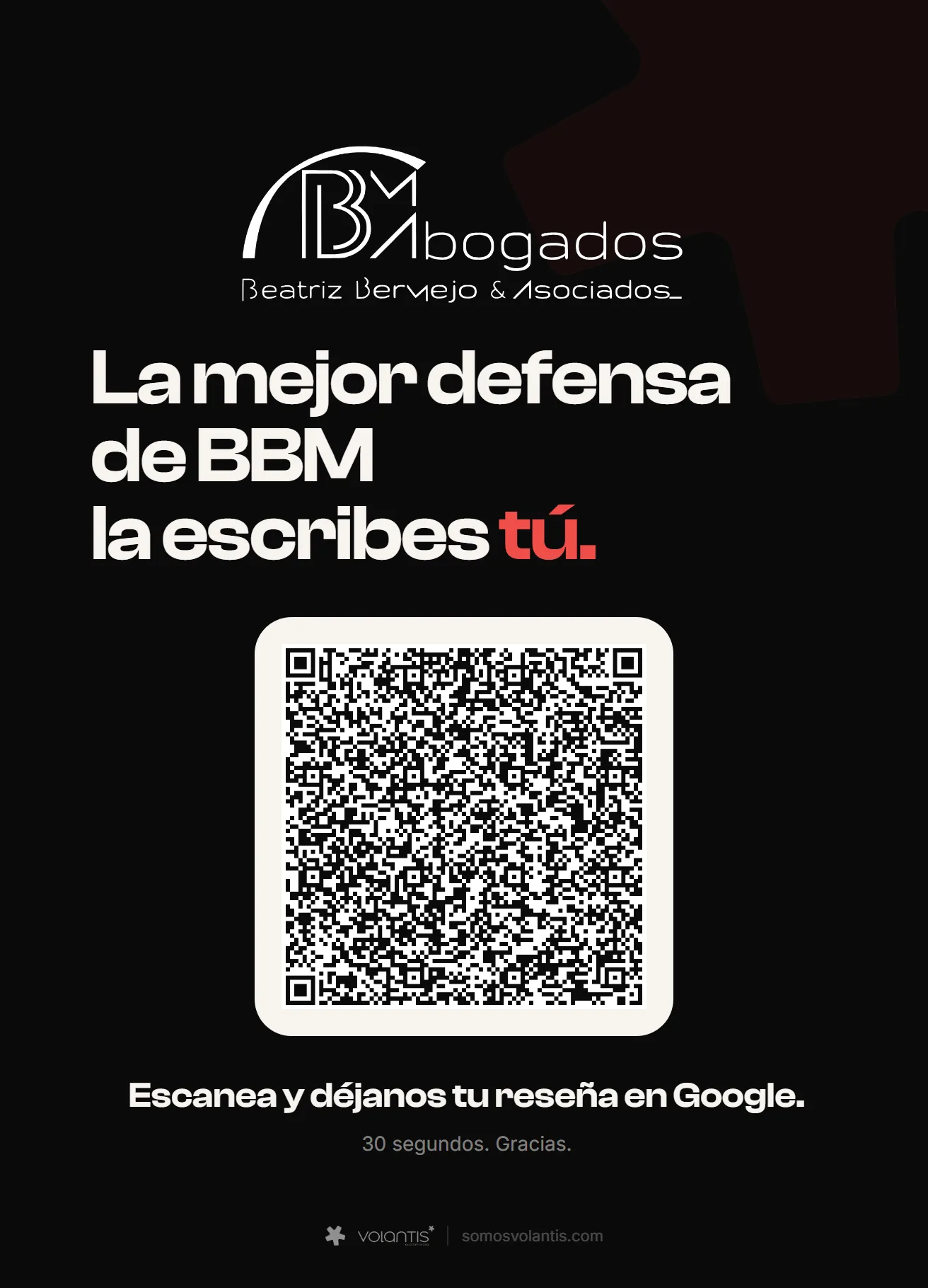 Cartel de captación de reseñas de BBM Abogados con código QR