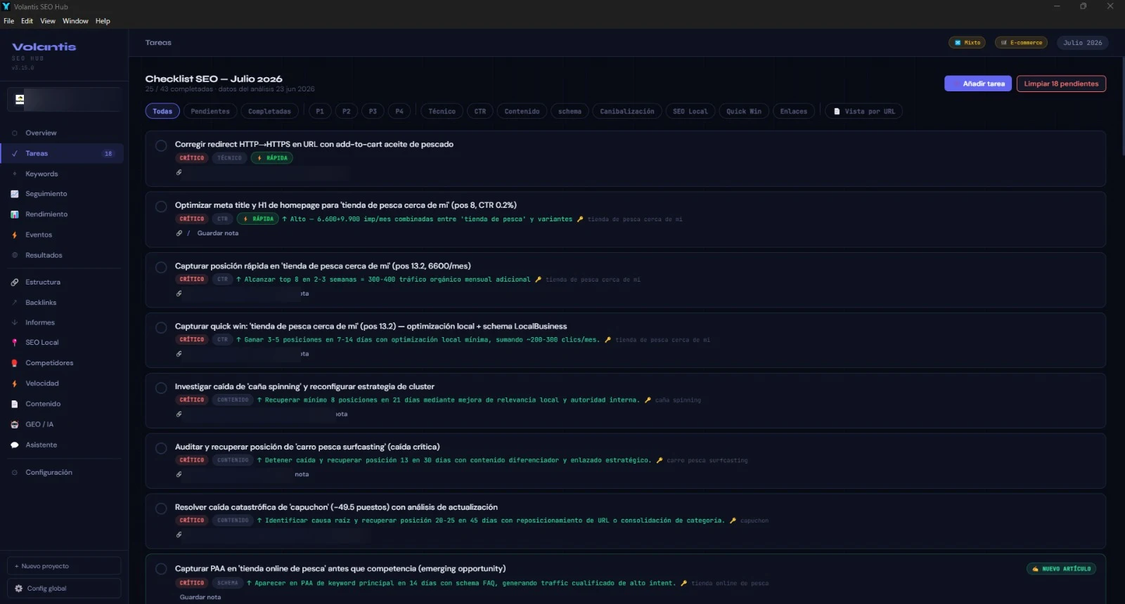 Checklist de tareas SEO priorizadas en el SEO Hub