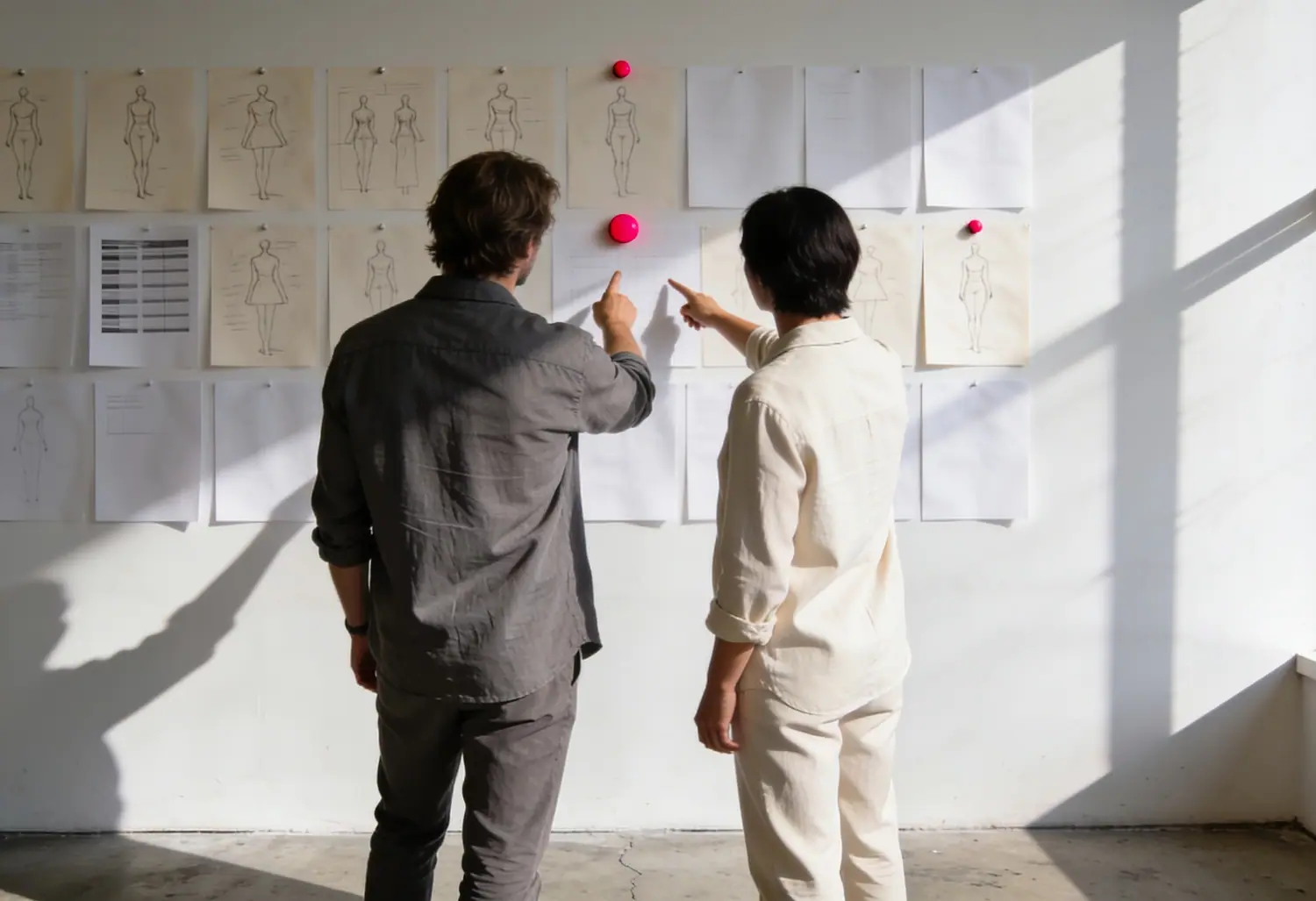 Estudio: dos personas señalando pared de trabajo